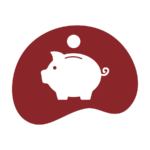 burgundy blob with a piggybank icon in the middle