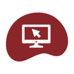 a burgundy blob icon with a computer and the computer mouse in the middle