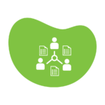 green blob icon with people and spreadsheets in the middle